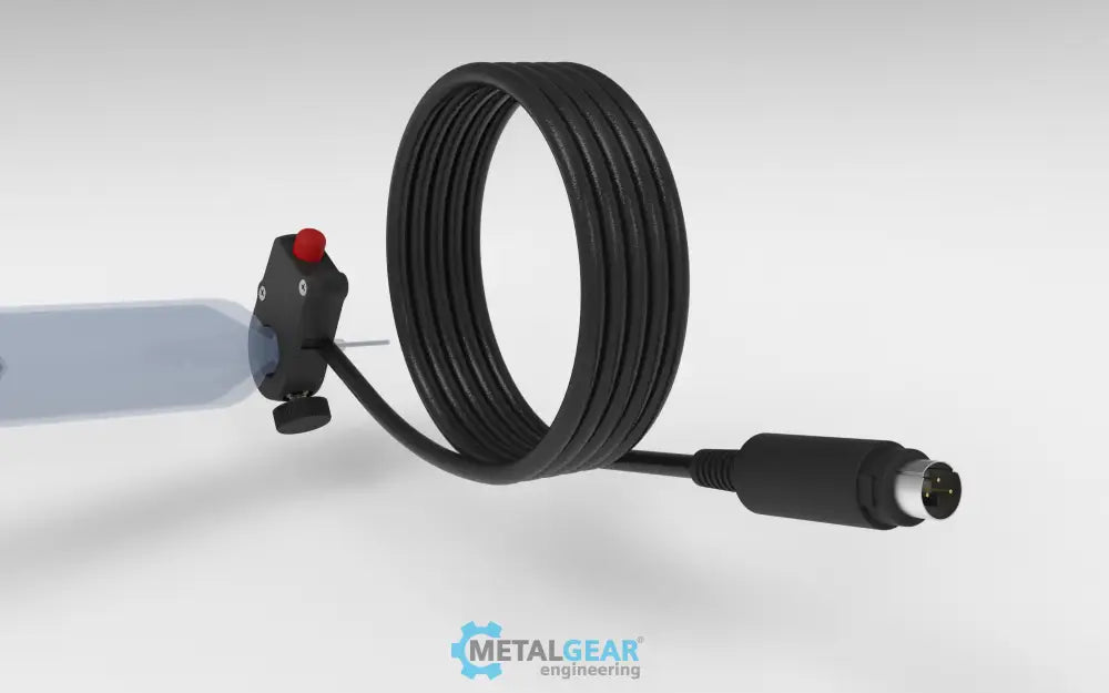 Metalgear Engineering TAD-019B Universal Finger Switch, a 3D-printed PLA Carbon Fiber control device with coiled wire and ergonomic fingertip actuator, designed for precise fluid dispensing in industrial applications. For Ultimus I–II High Precision Fluid Dispensers