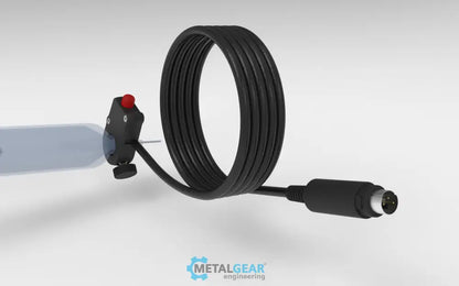 Metalgear Engineering TAD-019B Universal Finger Switch, a 3D-printed PLA Carbon Fiber control device with coiled wire and ergonomic fingertip actuator, designed for precise fluid dispensing in industrial applications. For Ultimus I–II High Precision Fluid Dispensers