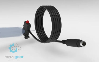 Metalgear Engineering TAD-019B Universal Finger Switch, a 3D-printed PLA Carbon Fiber control device with coiled wire and ergonomic fingertip actuator, designed for precise fluid dispensing in industrial applications. For Ultimus I–II High Precision Fluid Dispensers