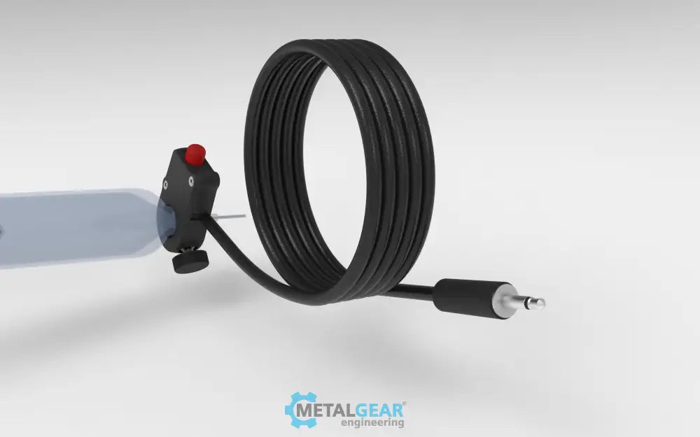 Metalgear Engineering TAD-019E Universal Finger Switch, a 3D-printed PLA Carbon Fiber control device with coiled wire and ergonomic fingertip actuator, designed for precise fluid dispensing in industrial applications. For Loctite 3.5mm Mono 2-Conductor setups